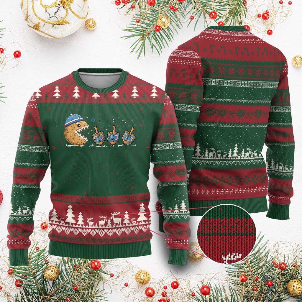 Funny Hanukkah Ugly Christmas Sweater Donut Chasing Flames Jewish TS14 Red Green Print Your Wear