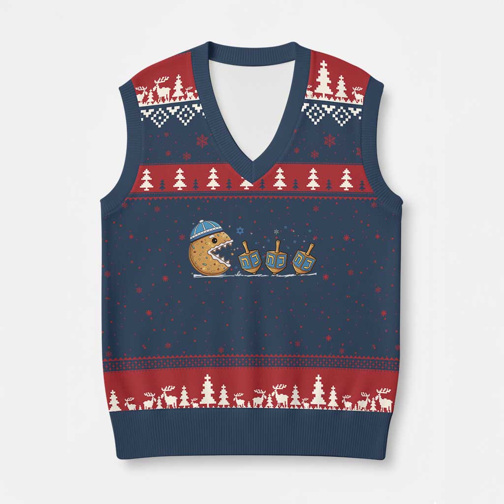 Funny Hanukkah V-Neck Knit Sweater Vest Donut Chasing Flames Jewish TS14 Navy Red Print Your Wear