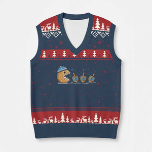 Funny Hanukkah V-Neck Knit Sweater Vest Donut Chasing Flames Jewish TS14 Navy Red Print Your Wear