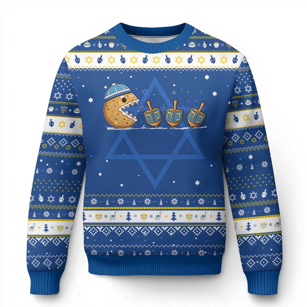 Funny Hanukkah Hanukkah Ugly Sweater Donut Chasing Flames Jewish TS14 Blue White Print Your Wear
