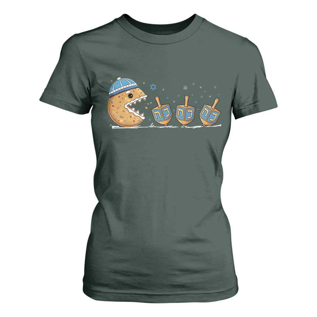 Funny Hanukkah T Shirt For Women Donut Chasing Flames Jewish TS14 Dark Forest Green Print Your Wear