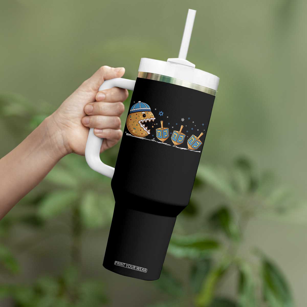 Funny Hanukkah Tumbler With Handle Donut Chasing Flames Jewish TS14 Print Your Wear