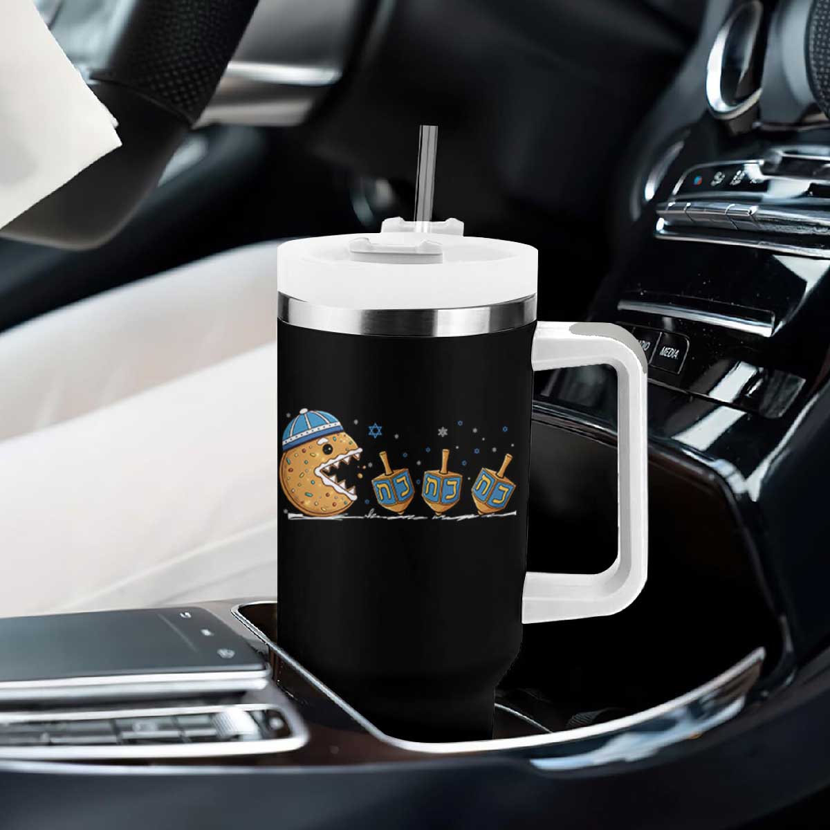 Funny Hanukkah Tumbler With Handle Donut Chasing Flames Jewish TS14 Print Your Wear