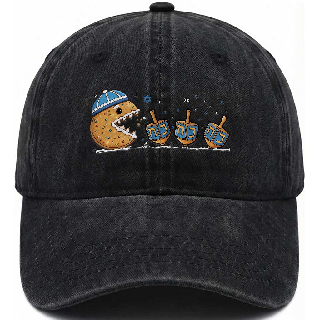 Funny Hanukkah Washed Cotton Baseball Cap Donut Chasing Flames Jewish TS14 Washed Cap Universal Fit Black Print Your Wear