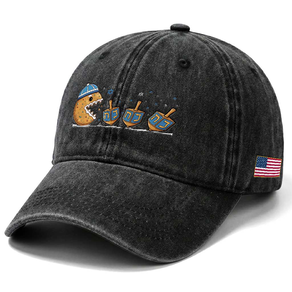 Funny Hanukkah Washed Cotton Baseball Cap Donut Chasing Flames Jewish TS14 Print Your Wear