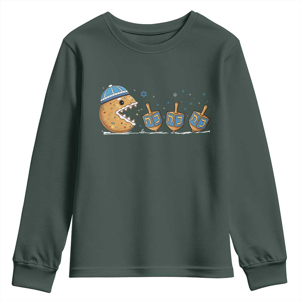 Funny Hanukkah Youth Sweatshirt Donut Chasing Flames Jewish TS14 Dark Forest Green Print Your Wear