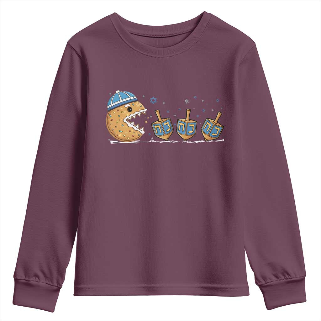 Funny Hanukkah Youth Sweatshirt Donut Chasing Flames Jewish TS14 Maroon Print Your Wear