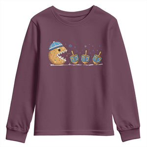 Funny Hanukkah Youth Sweatshirt Donut Chasing Flames Jewish TS14 Maroon Print Your Wear