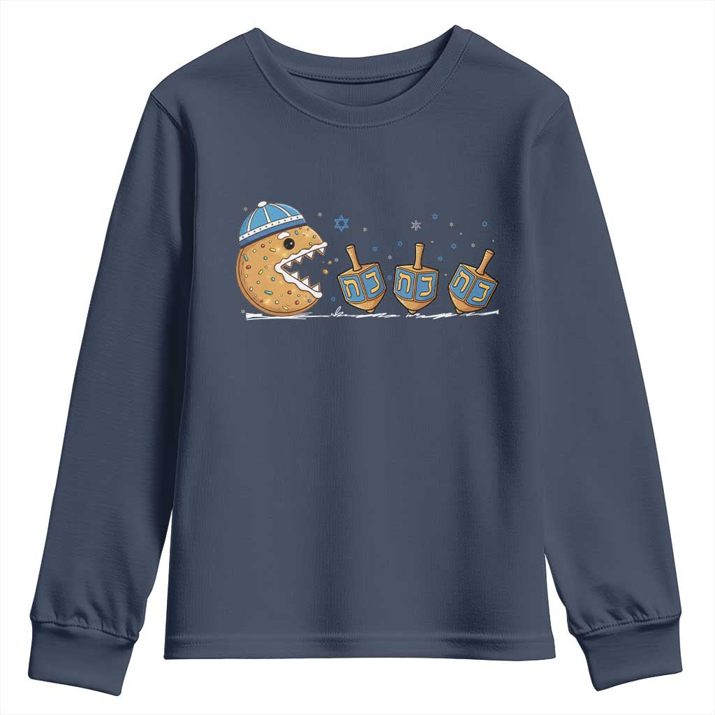 Funny Hanukkah Youth Sweatshirt Donut Chasing Flames Jewish TS14 Navy Print Your Wear