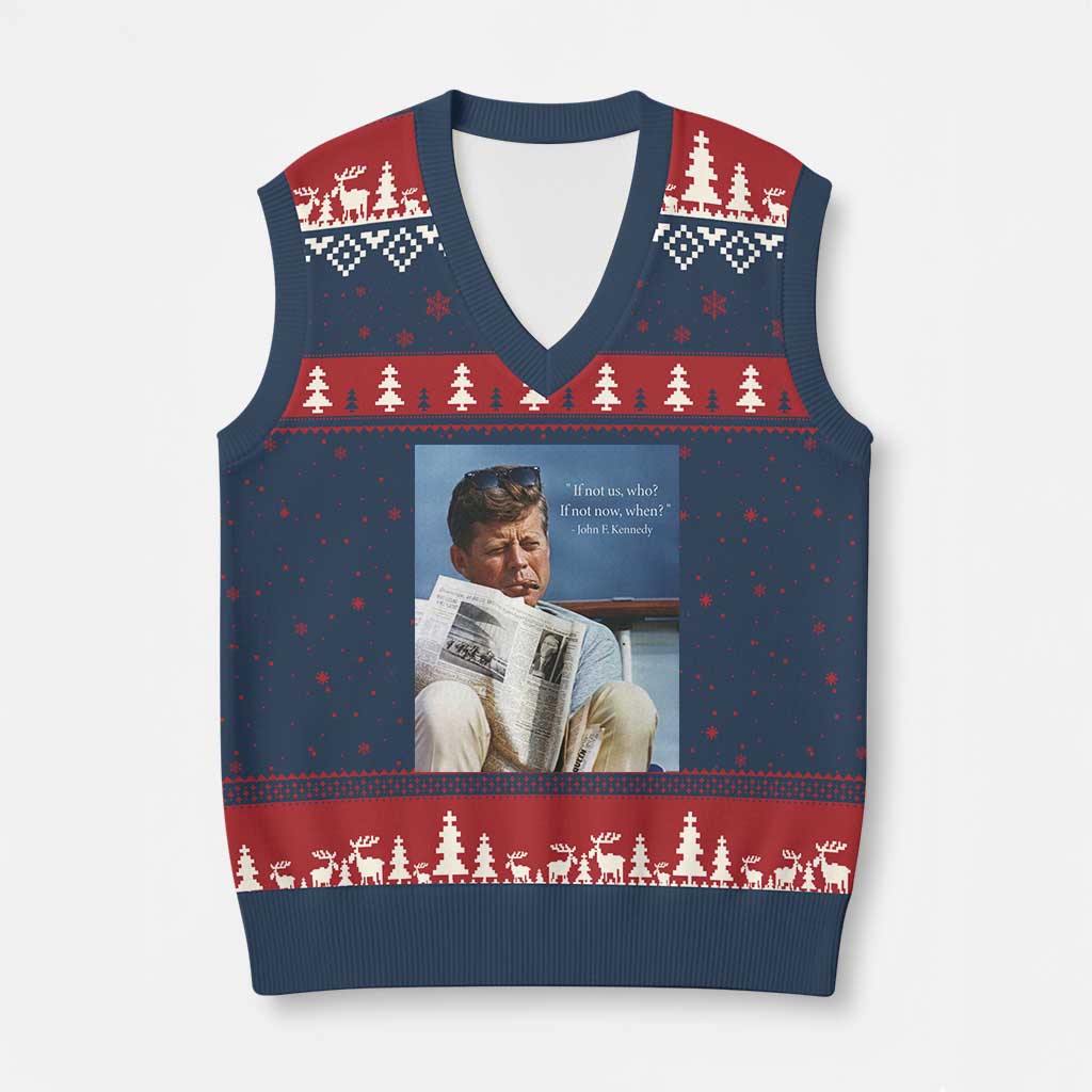 John F. Kennedy Smoking Smoker V-Neck Knit Sweater Vest If Not Us Who If Not Now When Quote TS14 Navy Red Print Your Wear