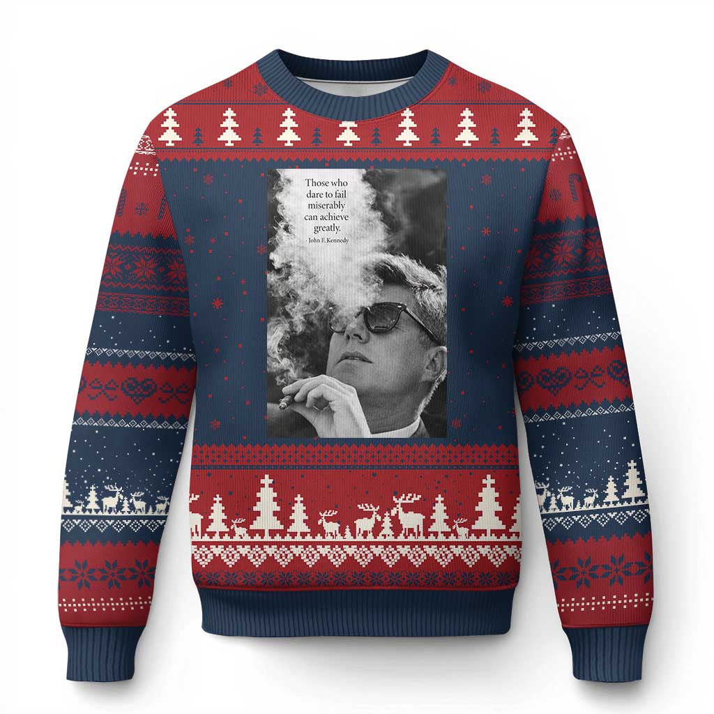 John F Kennedy Cigar Smoking Sunglasses Ugly Christmas Sweater Those Who Dare To Fail Miserably Can Achive Greatly TS14 Navy Red Print Your Wear