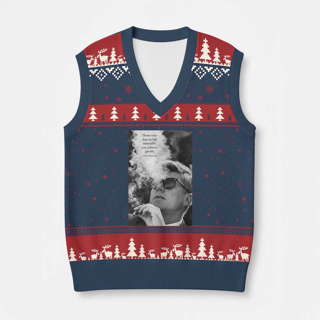 John F Kennedy Cigar Smoking Sunglasses V-Neck Knit Sweater Vest Those Who Dare To Fail Miserably Can Achive Greatly TS14 Navy Red Print Your Wear