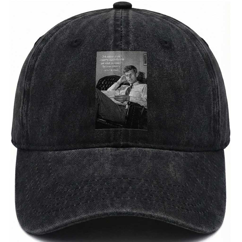 John F Kennedy Quote Washed Cotton Baseball Cap American President History TS14 Washed Cap Universal Fit Black Print Your Wear