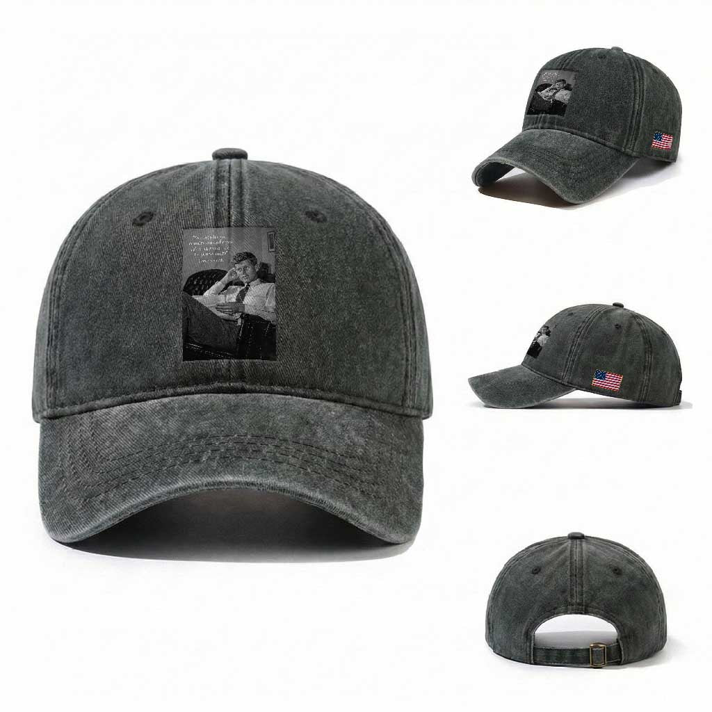 John F Kennedy Quote Washed Cotton Baseball Cap American President History TS14 Washed Cap Universal Fit Dark Green Print Your Wear
