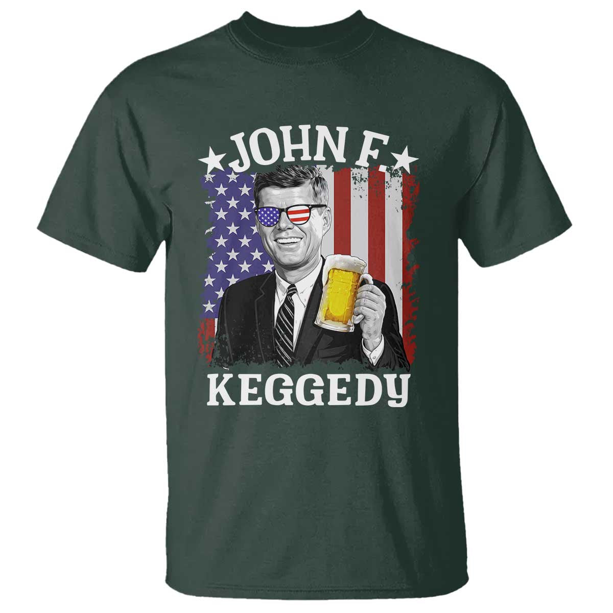 John F Kennedy T Shirt 4th of July America Flag Beer TS14 Dark Forest Green Print Your Wear