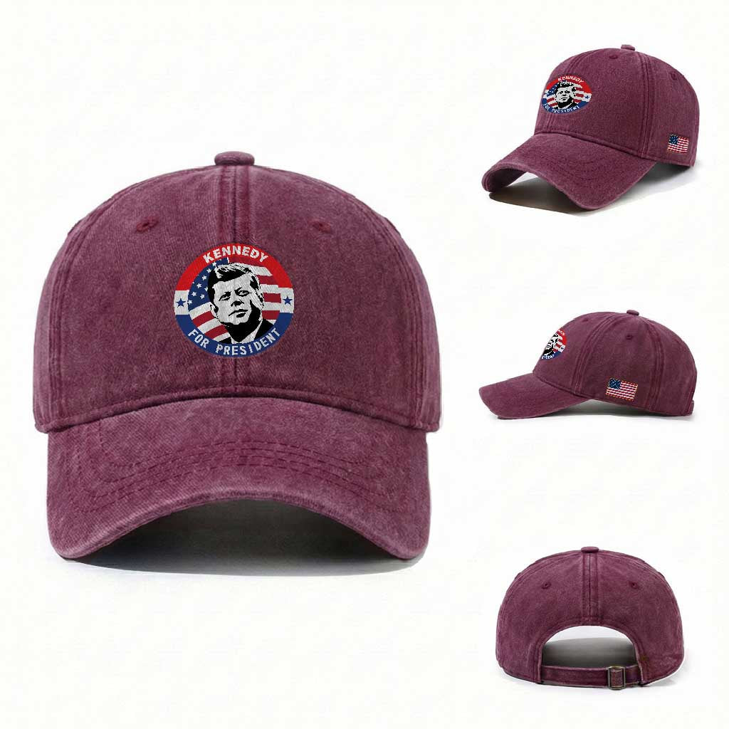 John F Kennedy US President American History Washed Cotton Baseball Cap TS14 Washed Cap Universal Fit Burgundy Print Your Wear