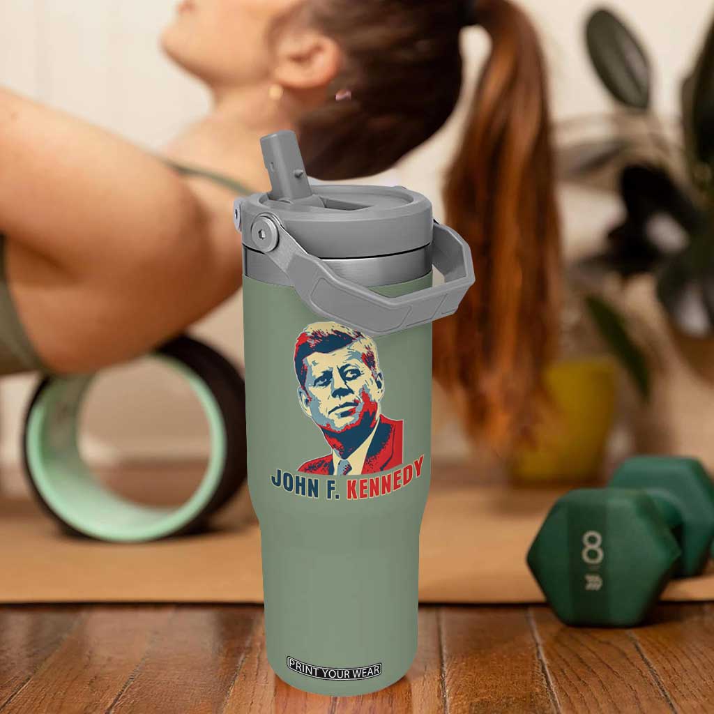 John F Kennedy American Flag US President Flip Straw Tumbler TS14 One Size: 30 oz Moss Green Print Your Wear