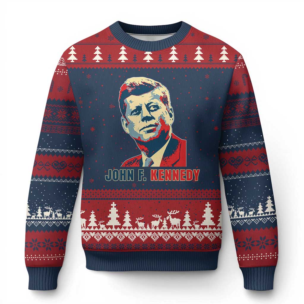 John F Kennedy American Flag US President Ugly Christmas Sweater TS14 Navy Red Print Your Wear