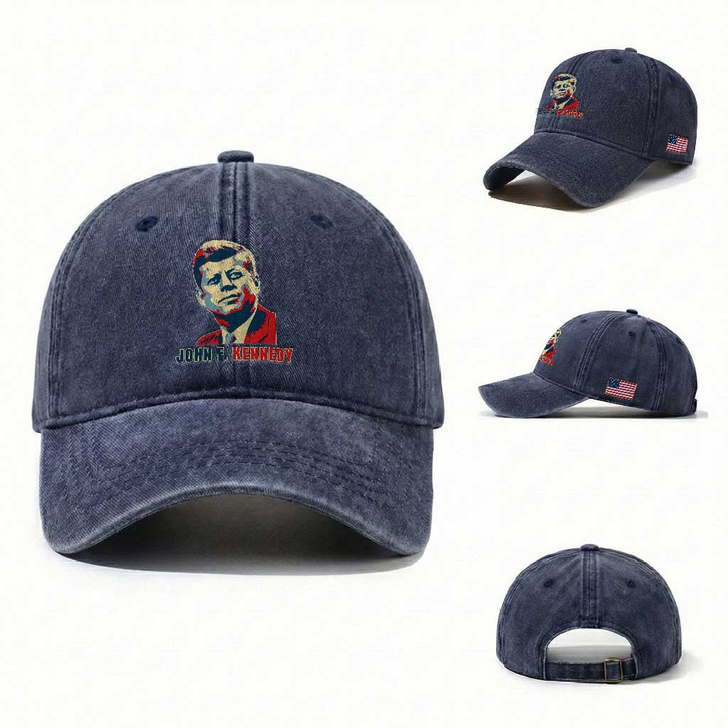 John F Kennedy American Flag US President Washed Cotton Baseball Cap TS14 Washed Cap Universal Fit Navy Print Your Wear