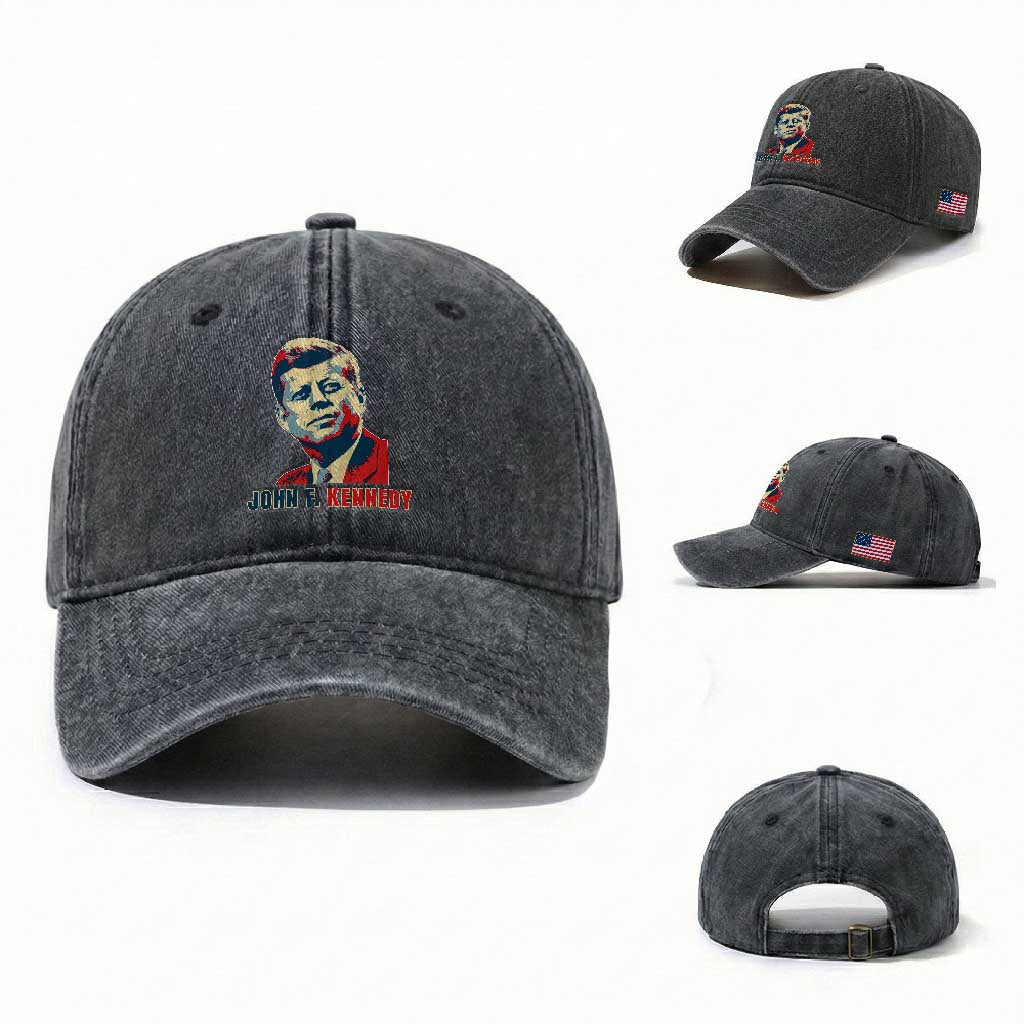 John F Kennedy American Flag US President Washed Cotton Baseball Cap TS14 Washed Cap Universal Fit Dark Gray Print Your Wear