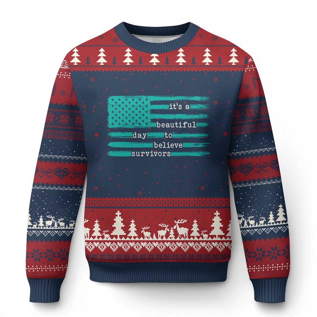 Sexual Assault Awareness Ugly Christmas Sweater It's a Beautiful Day To Believe Survivors TS14 Navy Red Print Your Wear