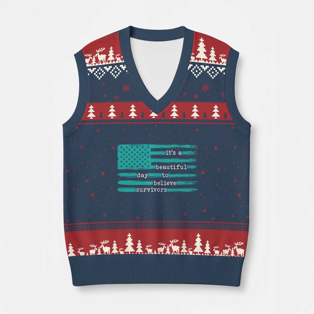 Sexual Assault Awareness V-Neck Knit Sweater Vest It's a Beautiful Day To Believe Survivors TS14 Navy Red Print Your Wear