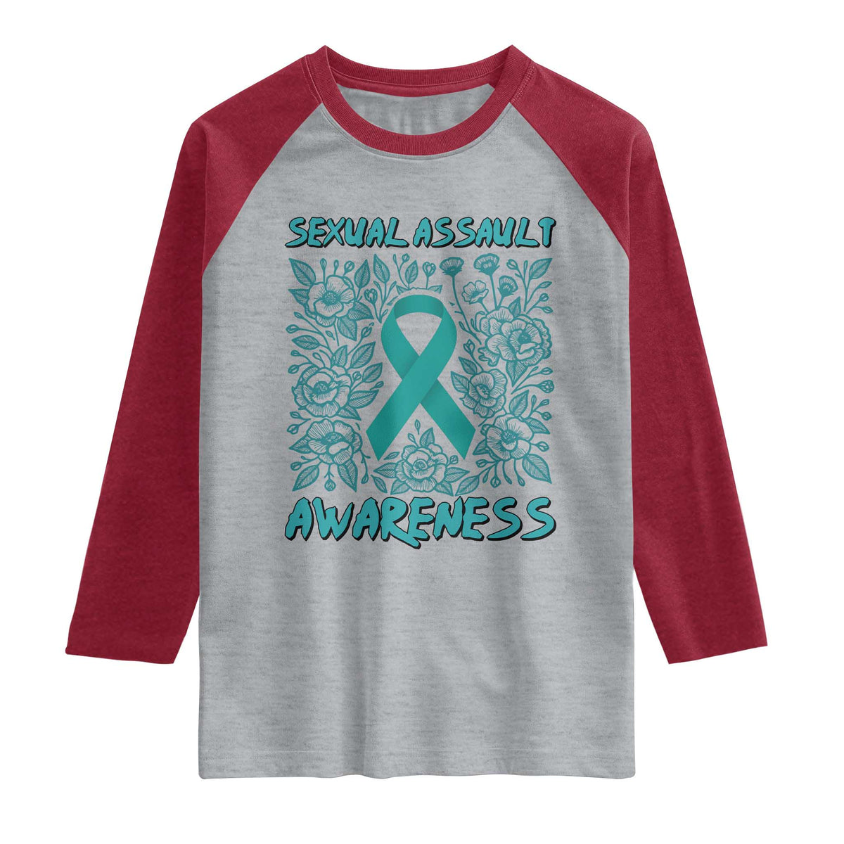 Sexual Assault Awareness Month Raglan Shirt TS14 Heather Gray Heather Red Print Your Wear