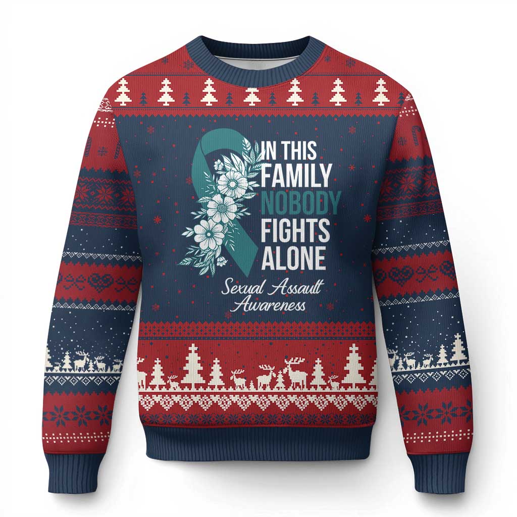Sexual Assault Awareness Ugly Christmas Sweater In This Family Nobody Fights Alone TS14 Navy Red Print Your Wear
