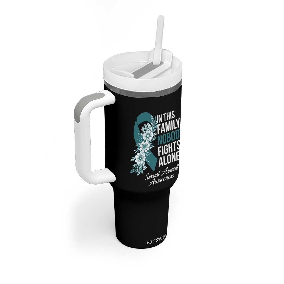 Sexual Assault Awareness Tumbler With Handle In This Family Nobody Fights Alone TS14 Print Your Wear