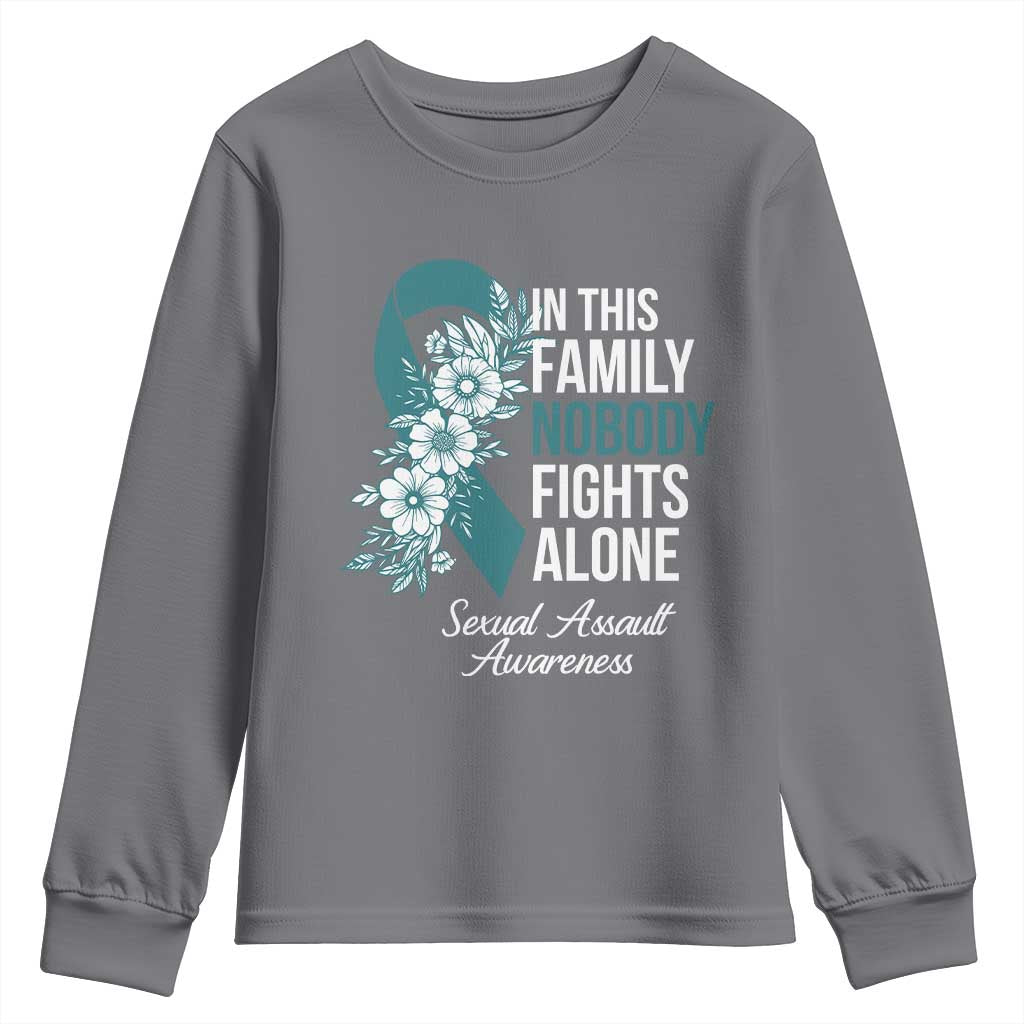 Sexual Assault Awareness Youth Sweatshirt In This Family Nobody Fights Alone TS14 Charcoal Print Your Wear