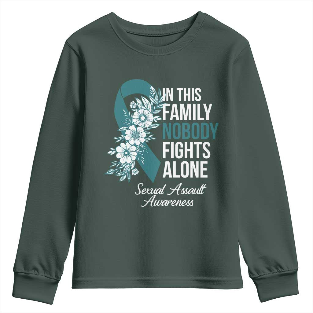 Sexual Assault Awareness Youth Sweatshirt In This Family Nobody Fights Alone TS14 Dark Forest Green Print Your Wear