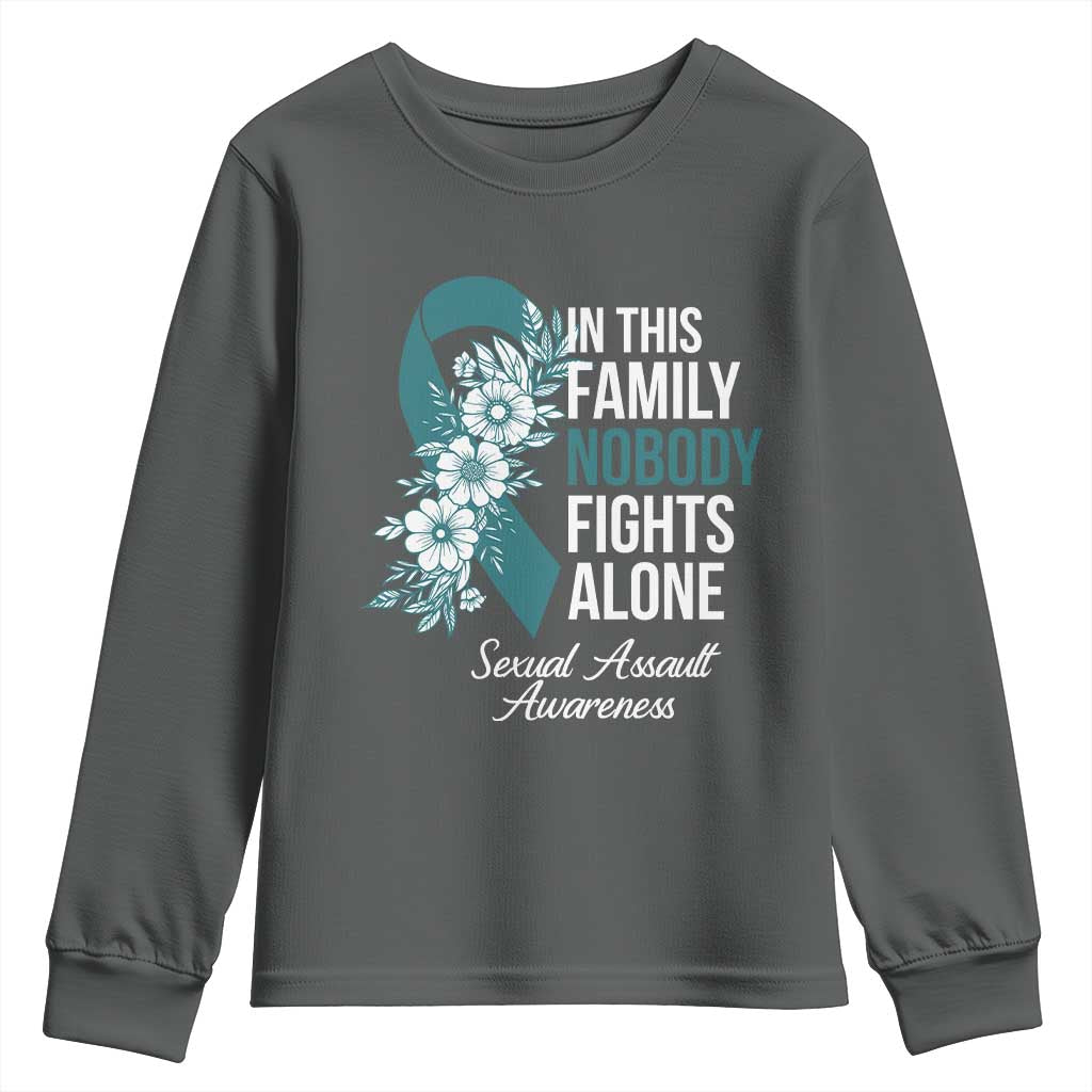 Sexual Assault Awareness Youth Sweatshirt In This Family Nobody Fights Alone TS14 Dark Heather Print Your Wear