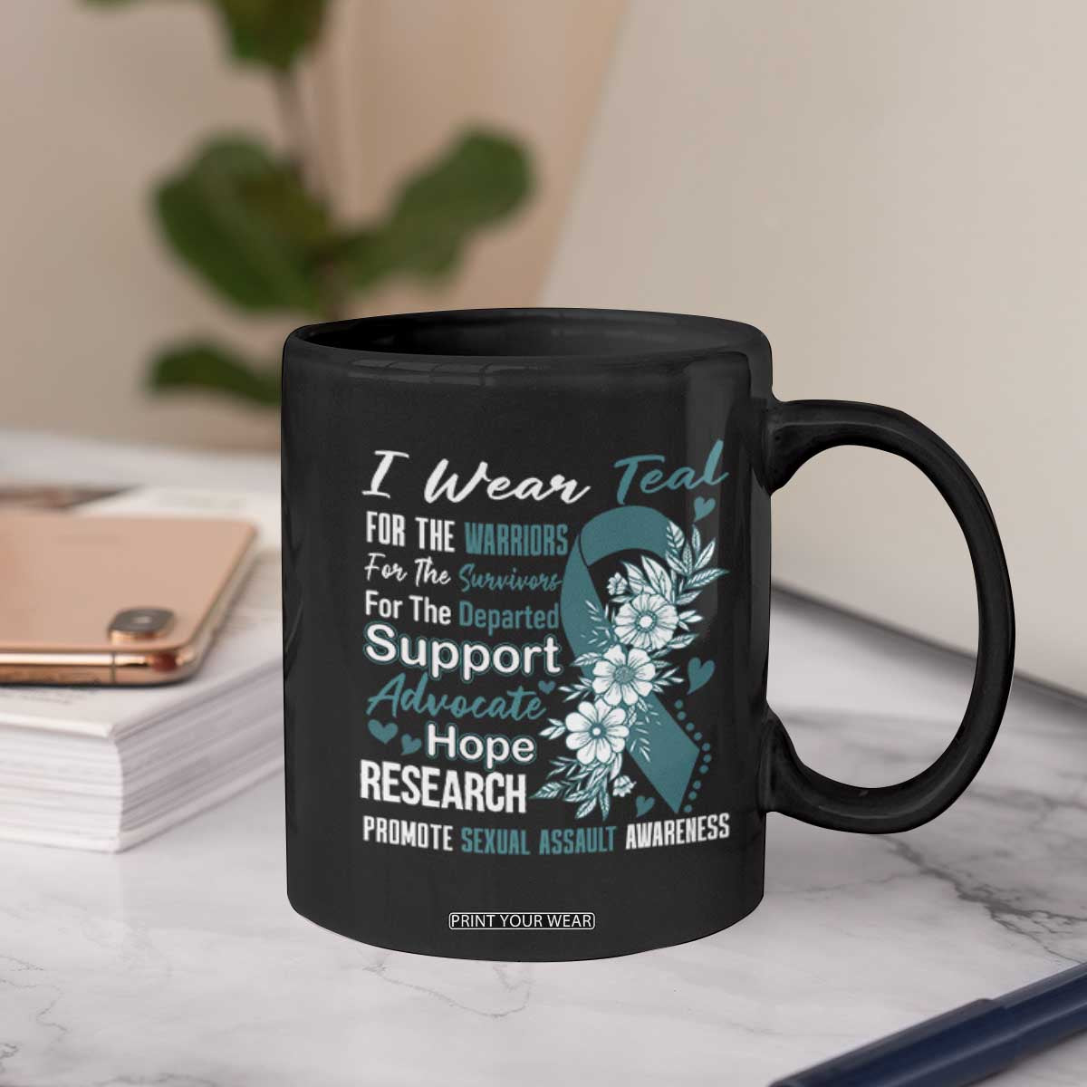 Sexual Assault Awareness Coffee Mug Teal Ribbon Flower TS14 Print Your Wear
