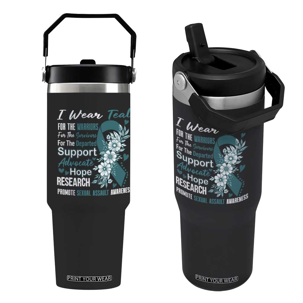 Sexual Assault Awareness Flip Straw Tumbler Teal Ribbon Flower TS14 One Size: 30 oz Black Print Your Wear