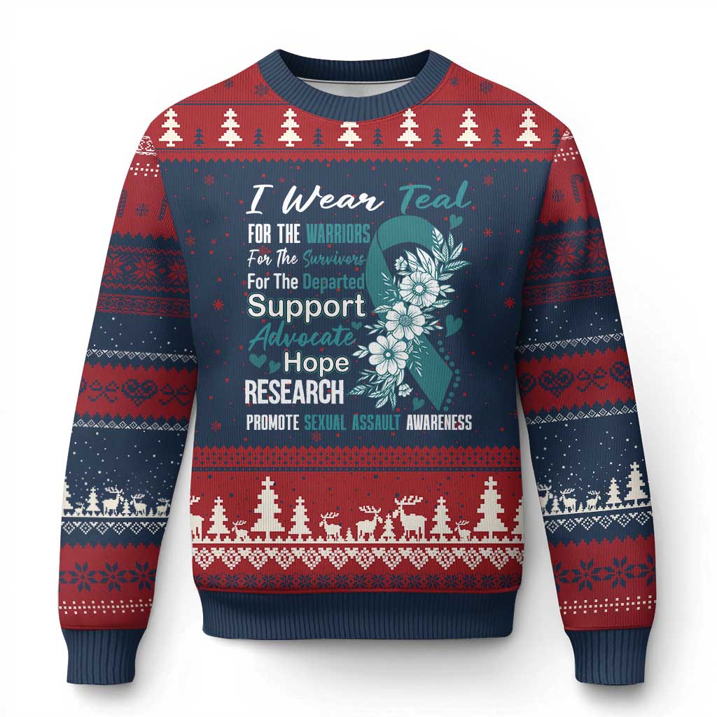 Sexual Assault Awareness Ugly Christmas Sweater Teal Ribbon Flower TS14 Navy Red Print Your Wear