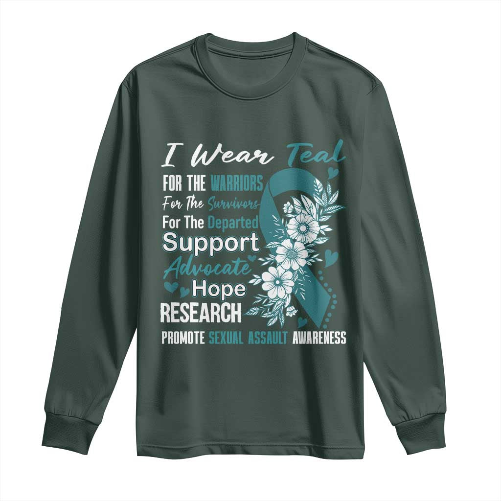 Sexual Assault Awareness Long Sleeve Shirt Teal Ribbon Flower TS14 Dark Forest Green Print Your Wear