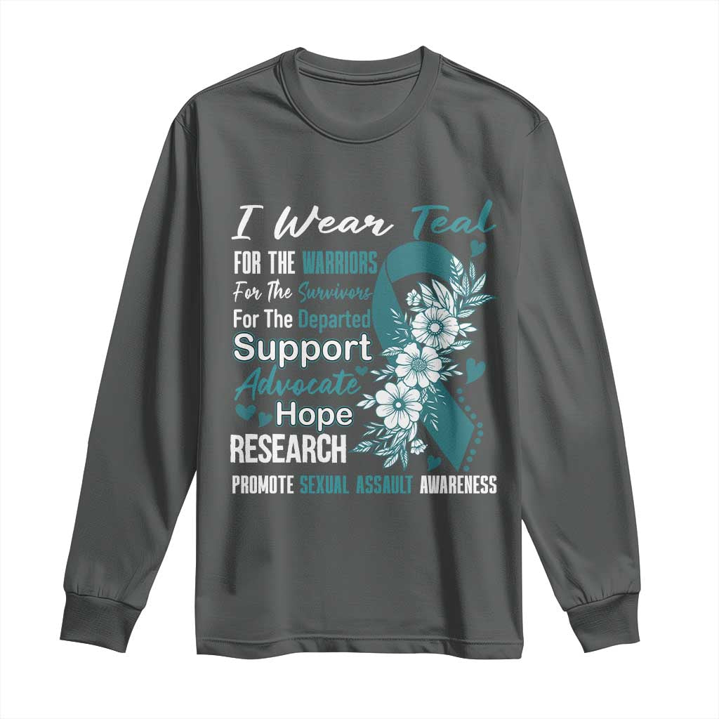 Sexual Assault Awareness Long Sleeve Shirt Teal Ribbon Flower TS14 Dark Heather Print Your Wear