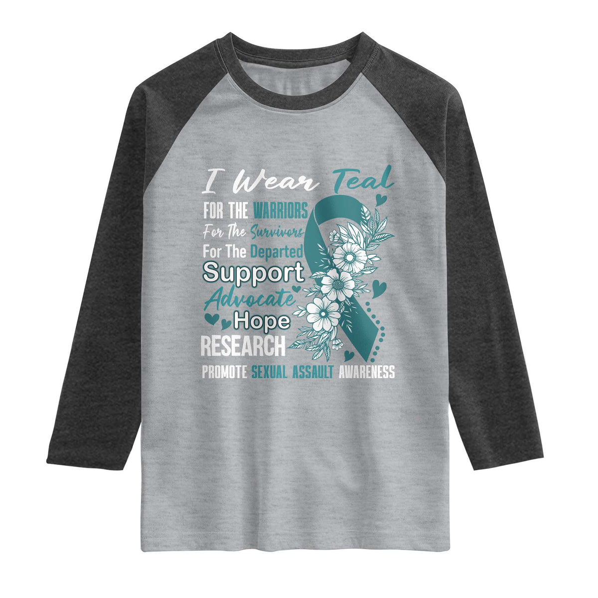 Sexual Assault Awareness Raglan Shirt Teal Ribbon Flower TS14 Heather Gray Heather Charcoal Print Your Wear
