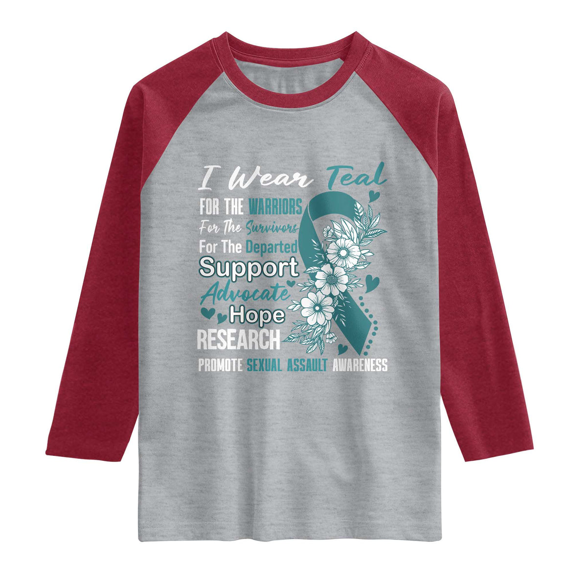 Sexual Assault Awareness Raglan Shirt Teal Ribbon Flower TS14 Heather Gray Heather Red Print Your Wear