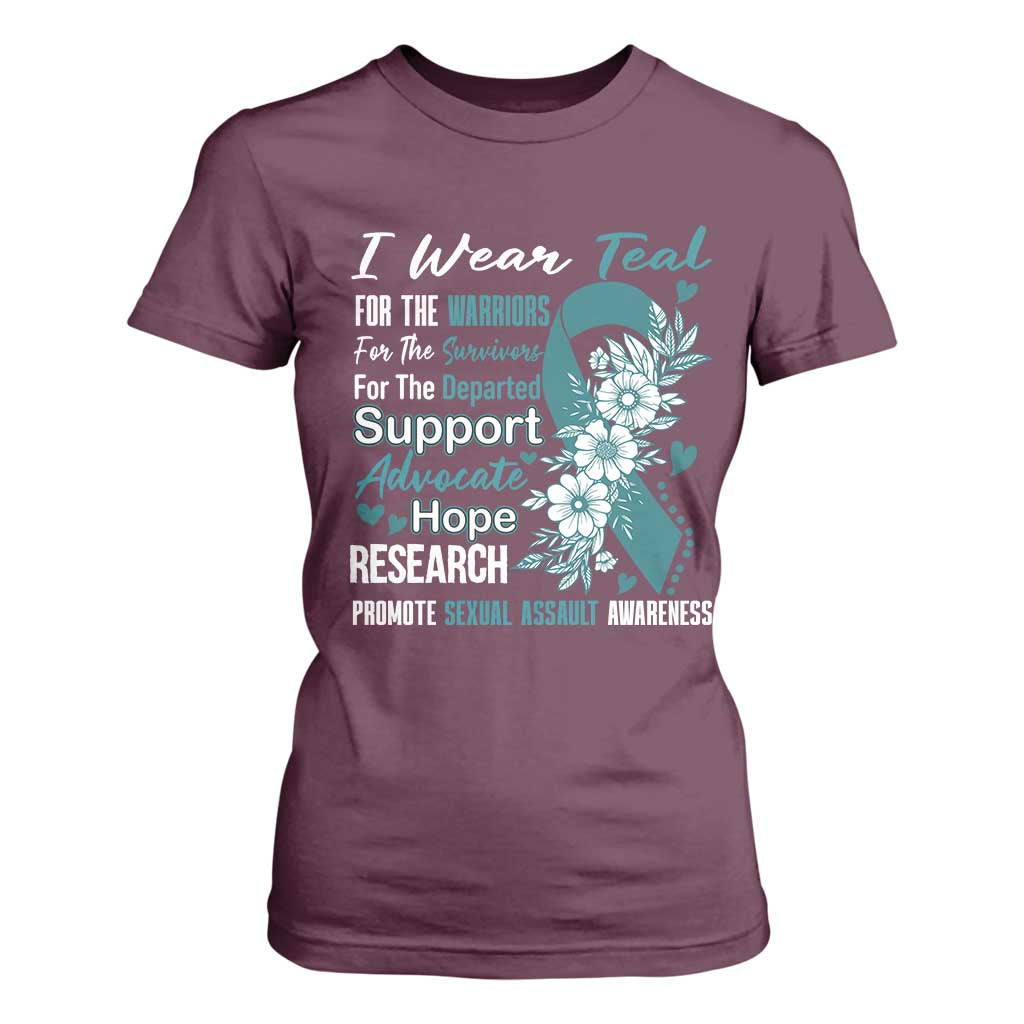 Sexual Assault Awareness T Shirt For Women Teal Ribbon Flower TS14 Maroon Print Your Wear