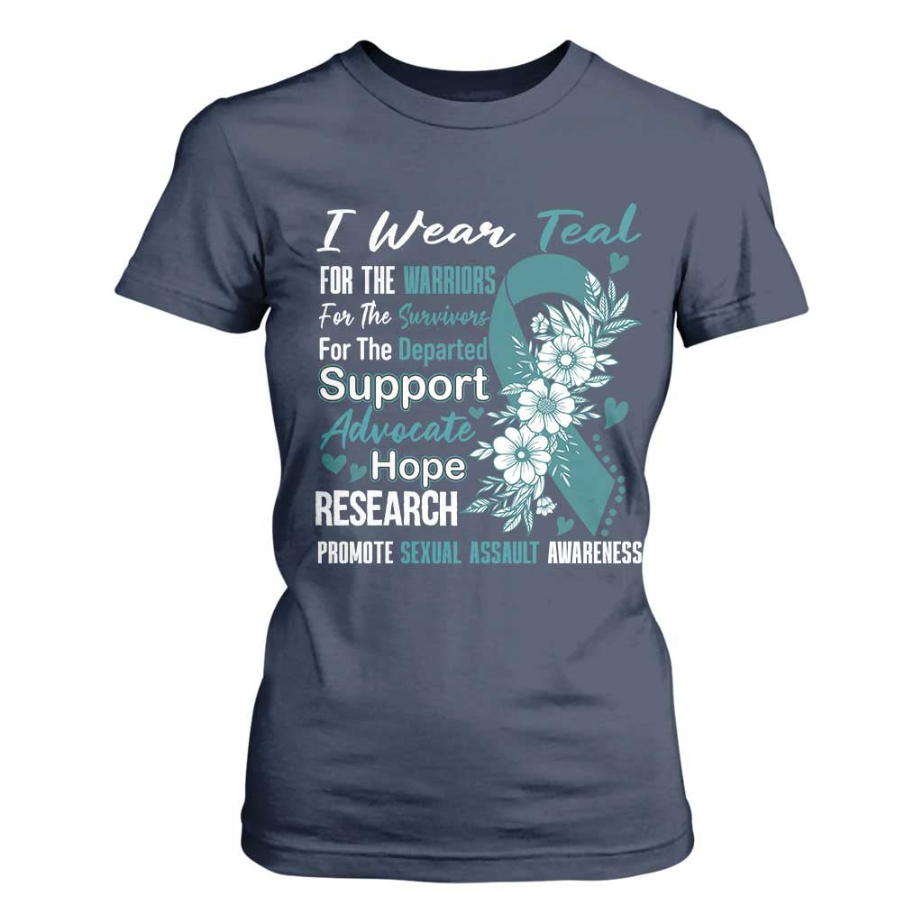 Sexual Assault Awareness T Shirt For Women Teal Ribbon Flower TS14 Navy Print Your Wear