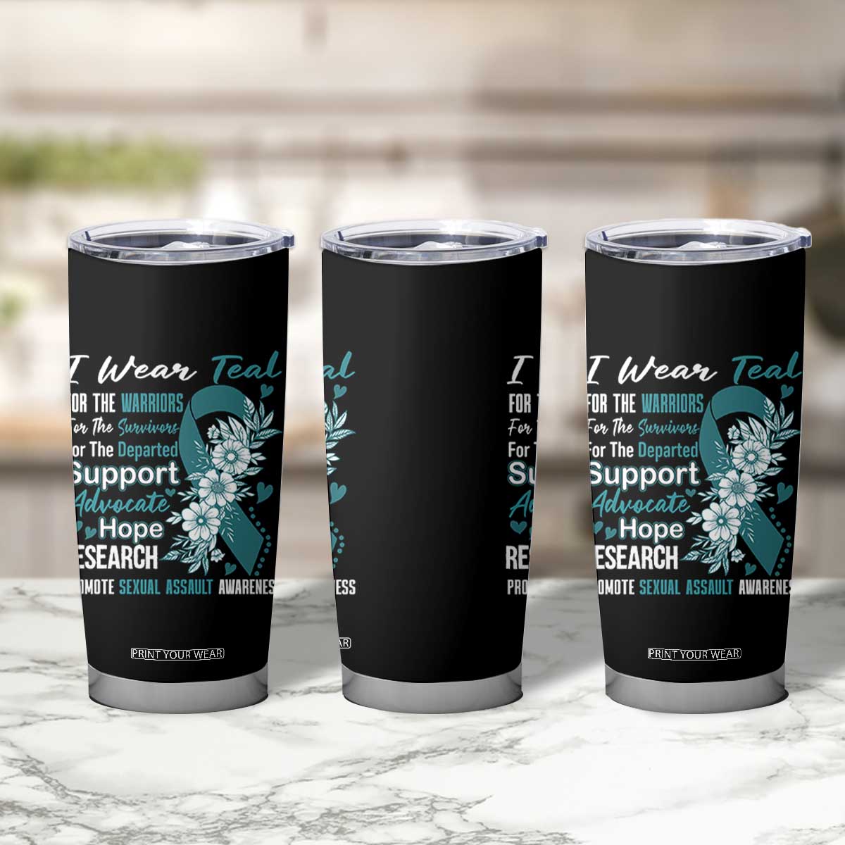 Sexual Assault Awareness Tumbler Cup Teal Ribbon Flower TS14 Print Your Wear