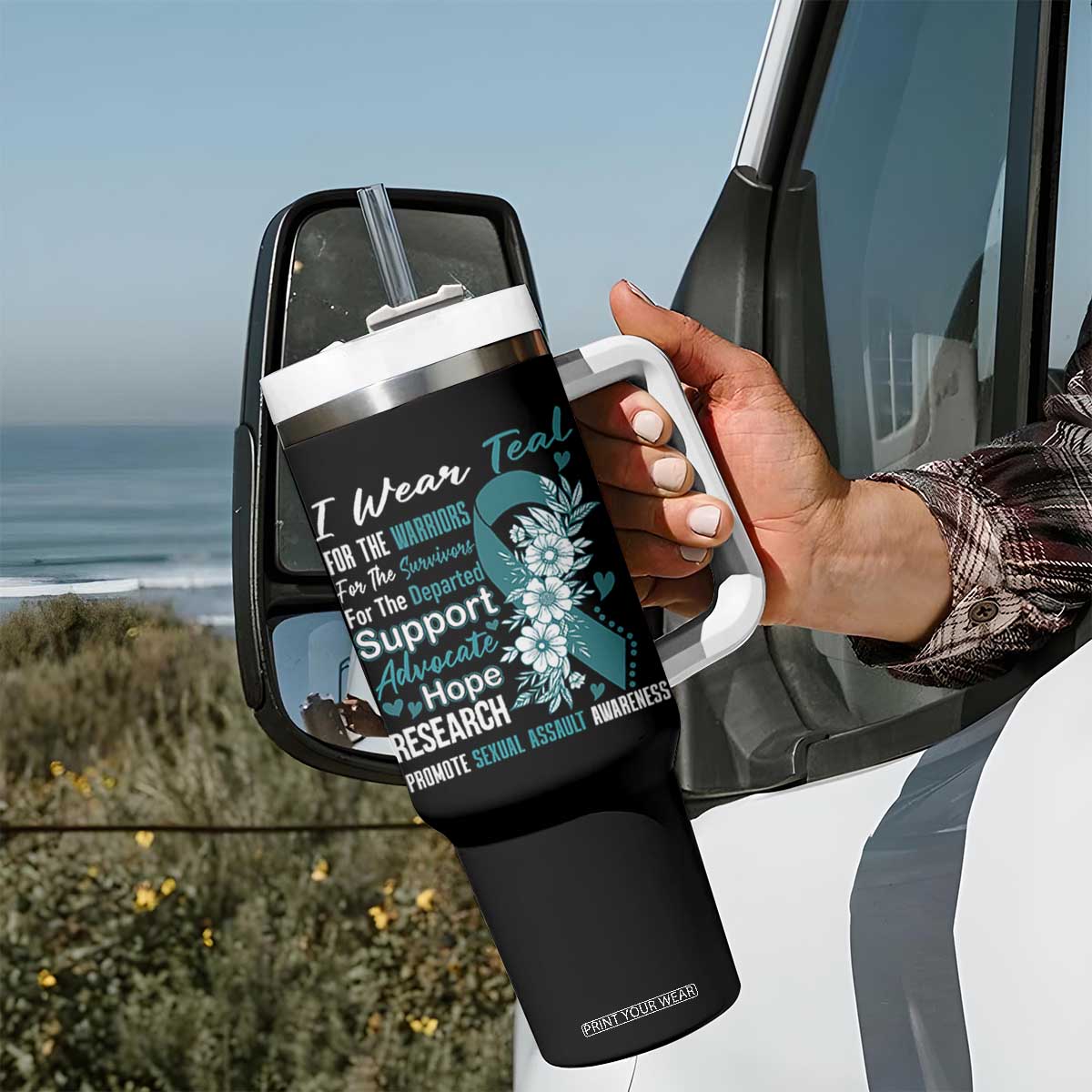 Sexual Assault Awareness Tumbler With Handle Teal Ribbon Flower TS14 Print Your Wear