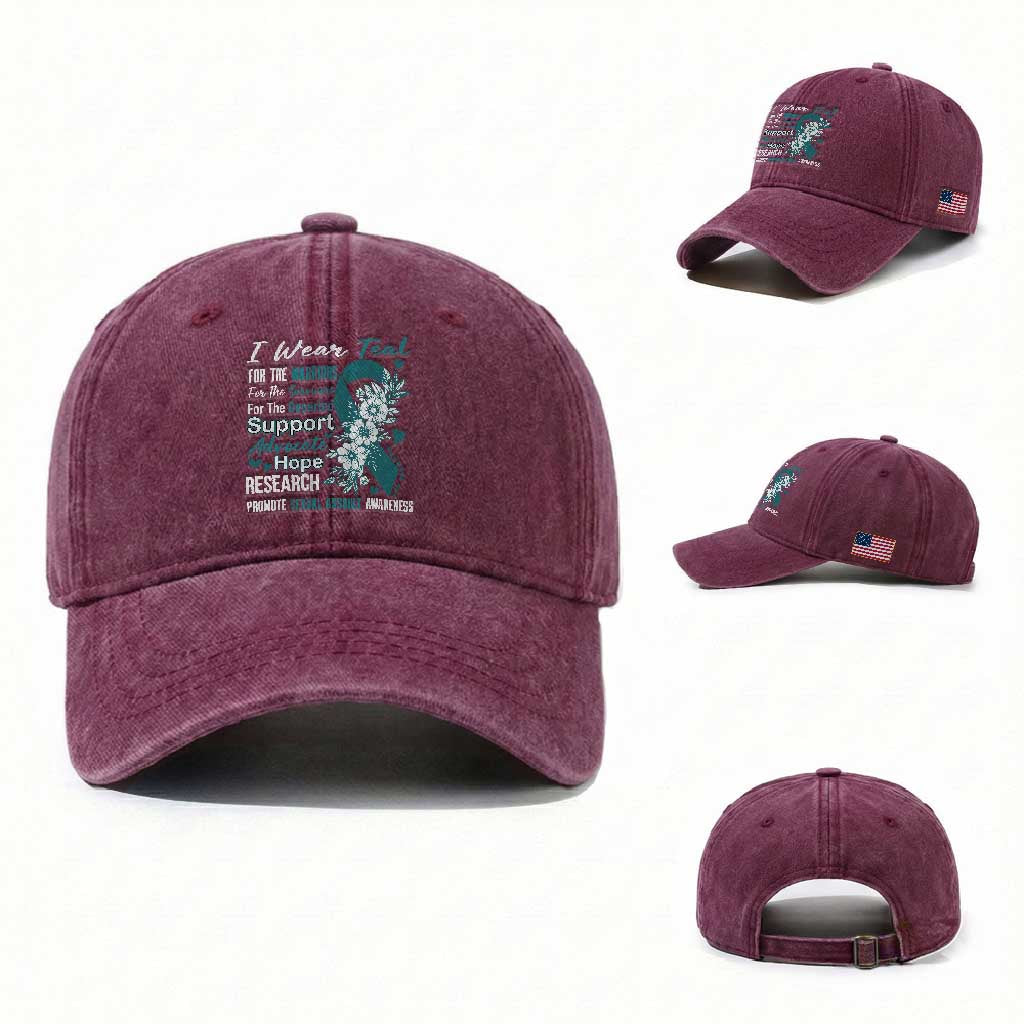 Sexual Assault Awareness Washed Cotton Baseball Cap Teal Ribbon Flower TS14 Washed Cap Universal Fit Burgundy Print Your Wear