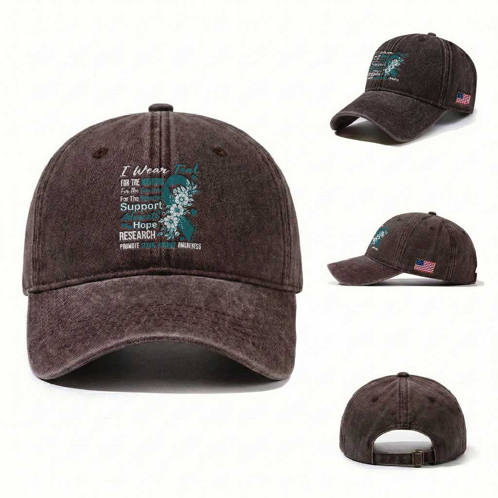 Sexual Assault Awareness Washed Cotton Baseball Cap Teal Ribbon Flower TS14 Washed Cap Universal Fit Dark Brown Print Your Wear