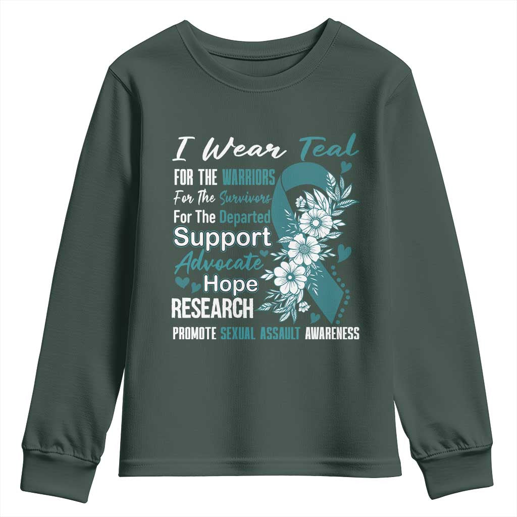Sexual Assault Awareness Youth Sweatshirt Teal Ribbon Flower TS14 Dark Forest Green Print Your Wear