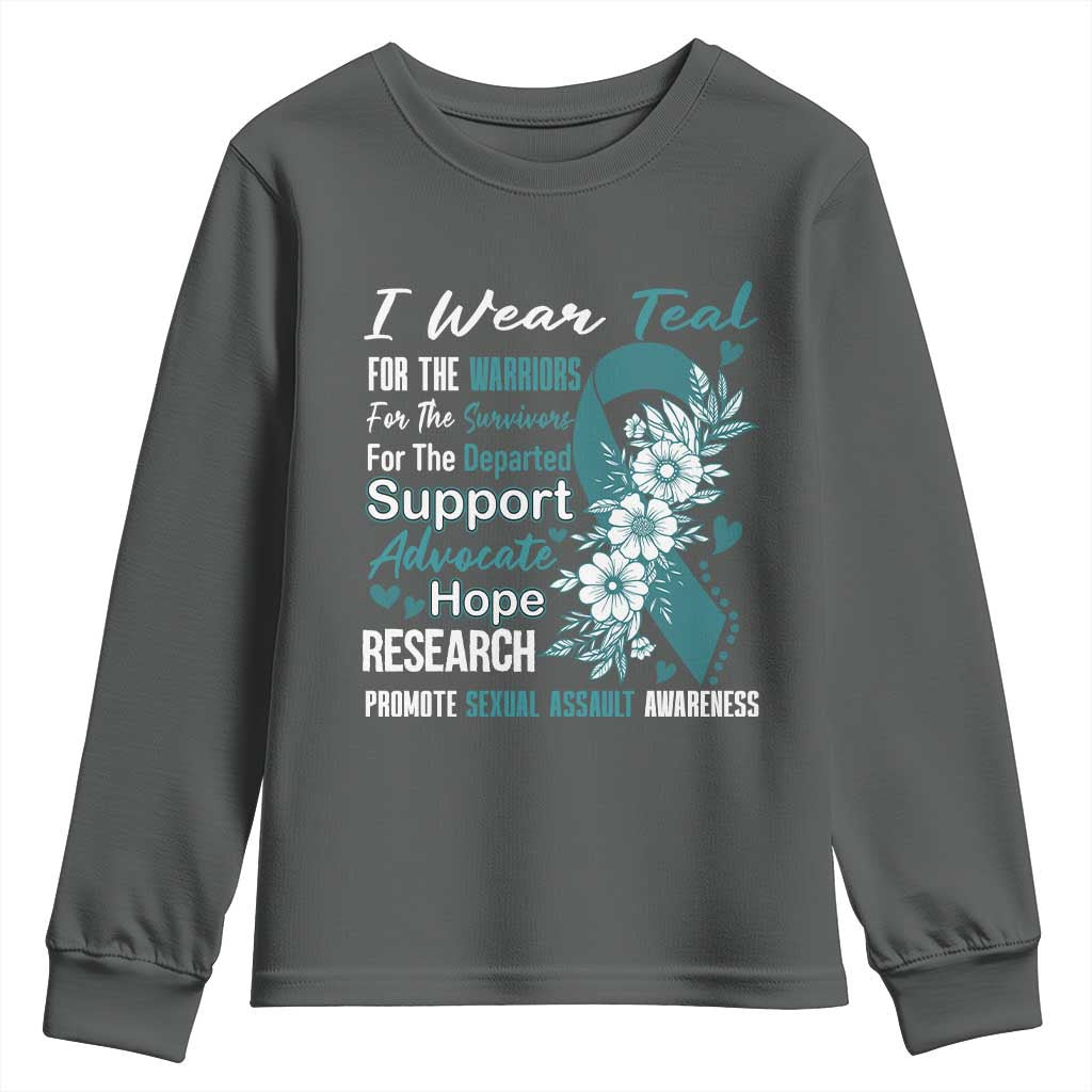 Sexual Assault Awareness Youth Sweatshirt Teal Ribbon Flower TS14 Dark Heather Print Your Wear