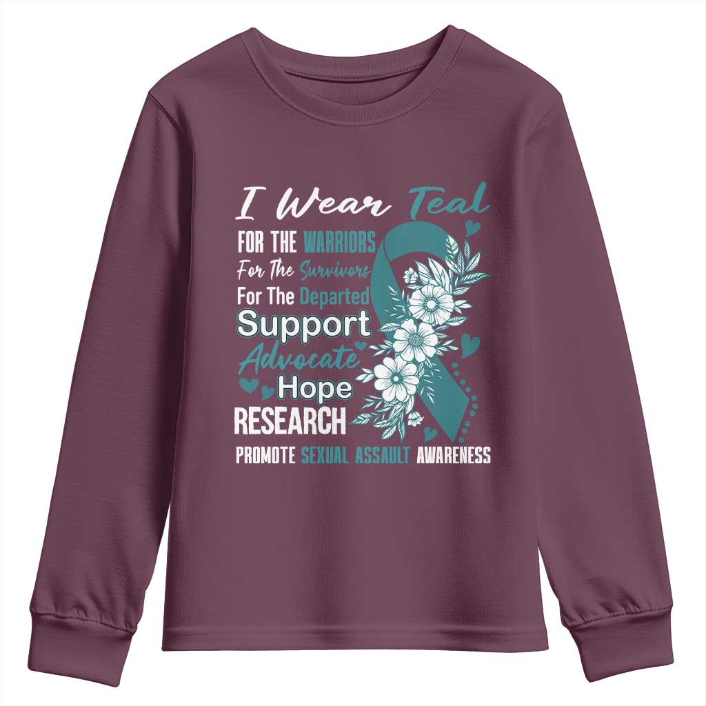 Sexual Assault Awareness Youth Sweatshirt Teal Ribbon Flower TS14 Maroon Print Your Wear