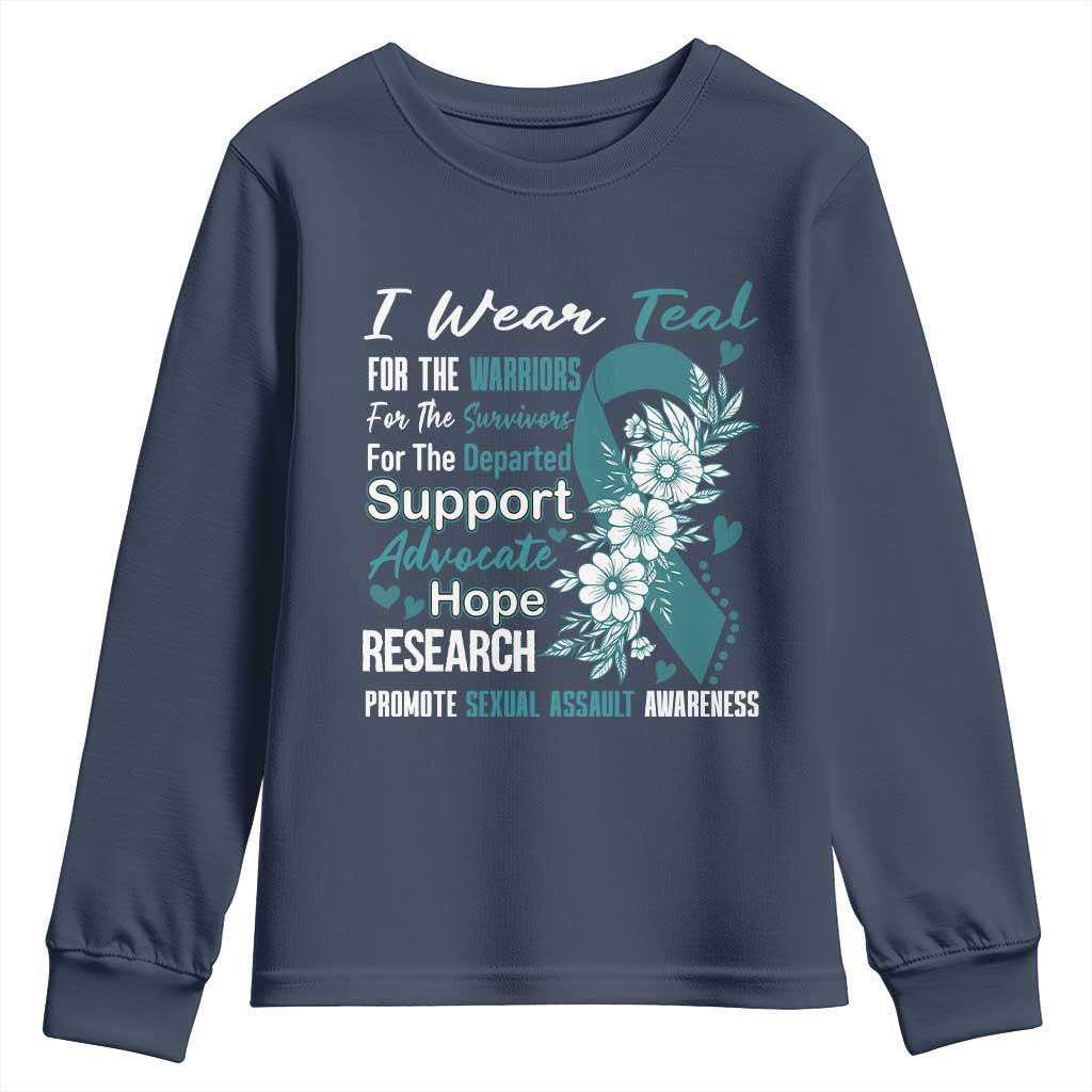 Sexual Assault Awareness Youth Sweatshirt Teal Ribbon Flower TS14 Navy Print Your Wear