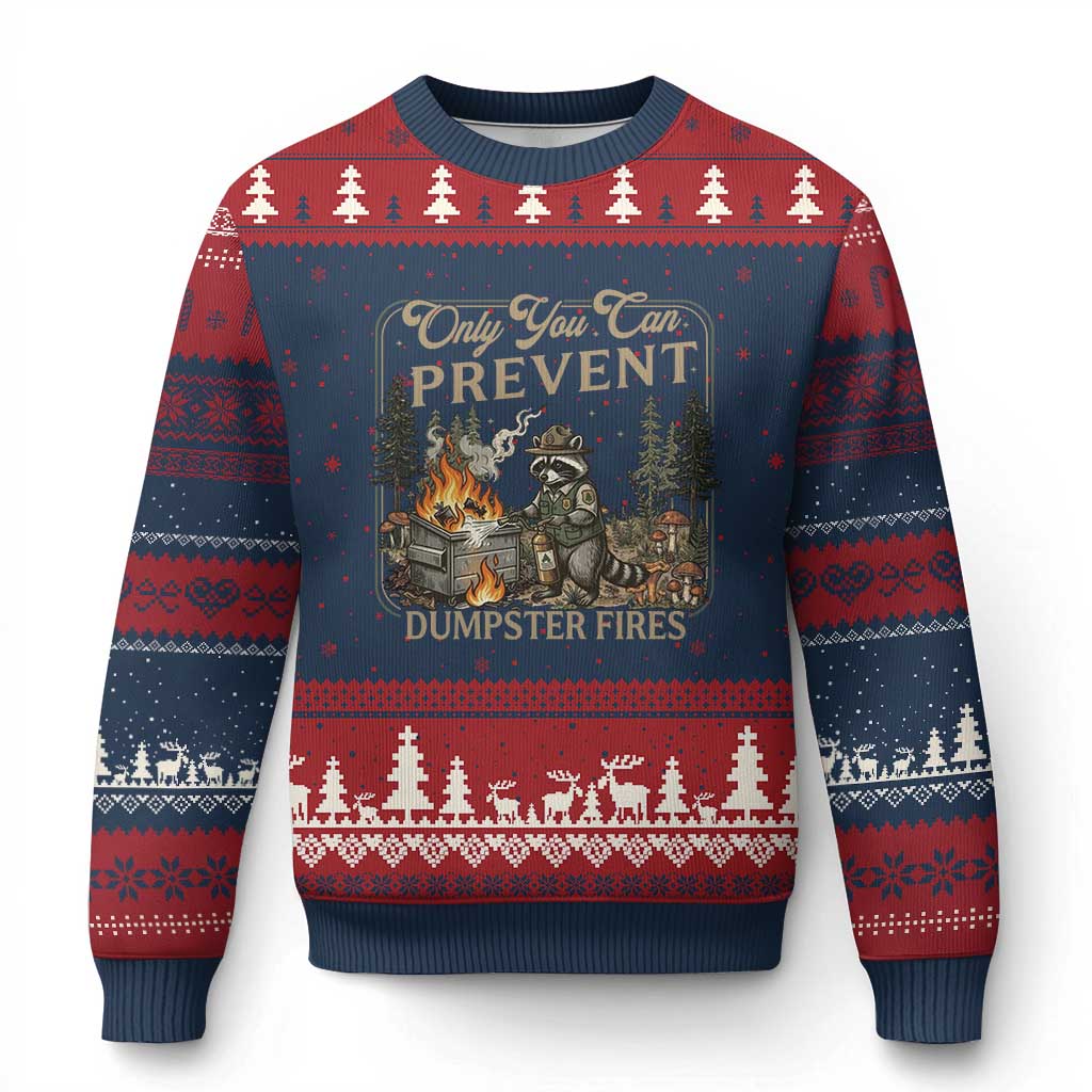 Only You Can Prevent Dumpster Fires Ugly Christmas Sweater Funny Raccoon Mental Health Meme TS14 Navy Red Print Your Wear